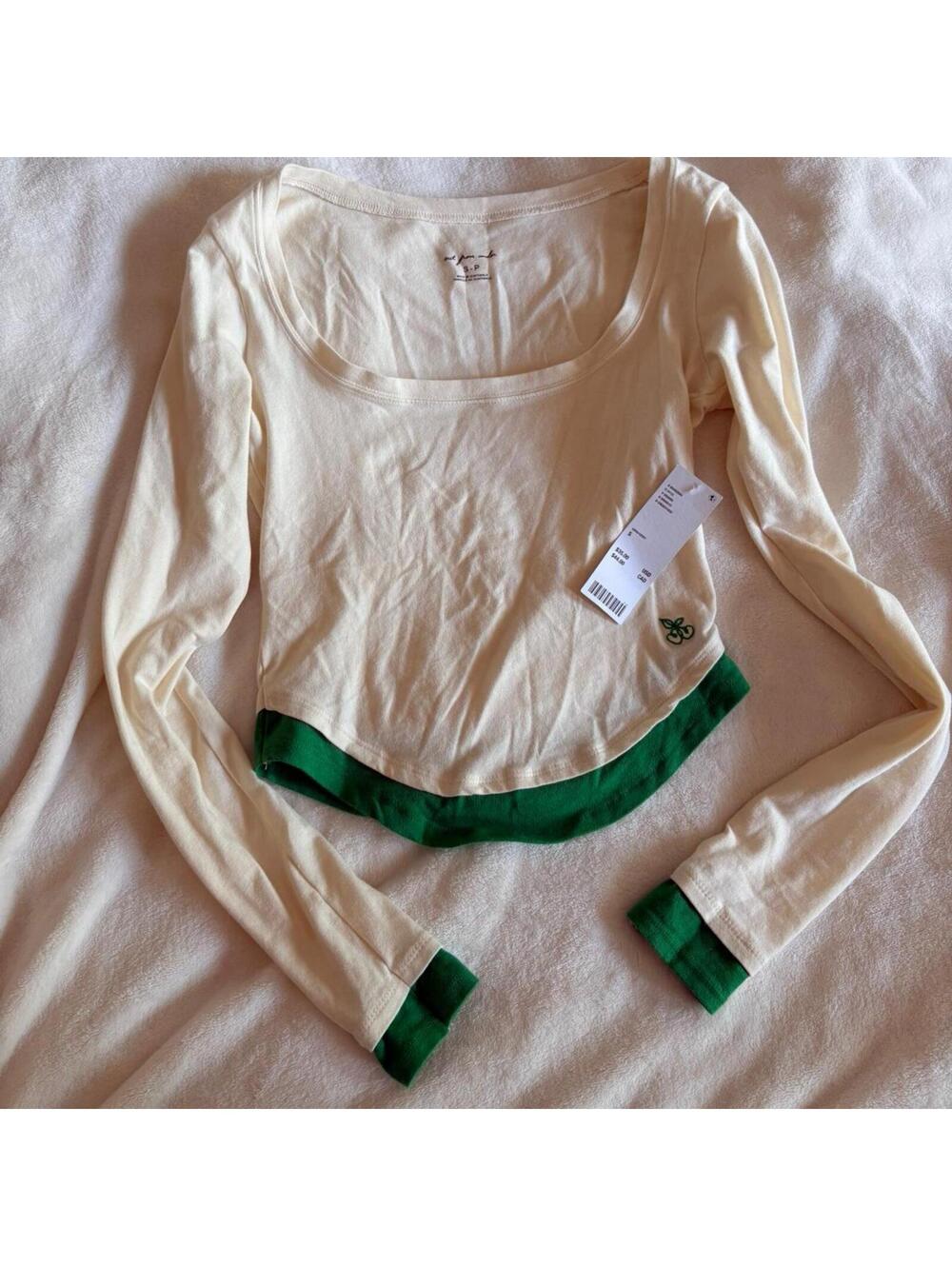Urban Outfitters out from under beige crop top long sleeve with green detailing